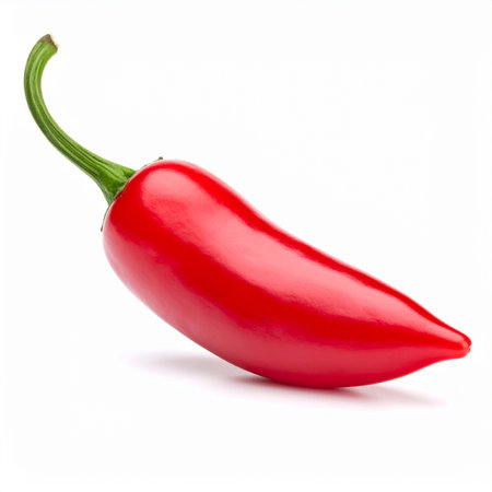 A single bright red chili pepper with a curved green stem on a white background. Clear details and vibrant co...の素材