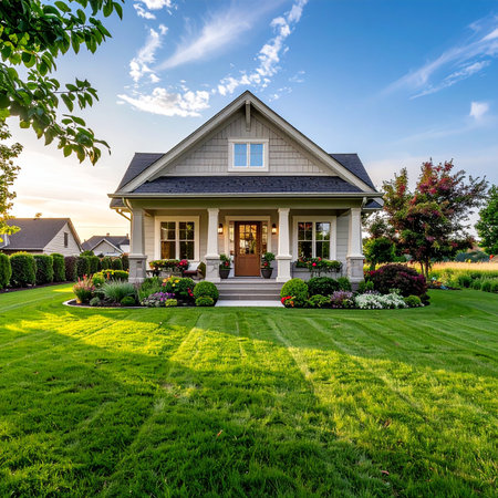A charming Craftsman style house with an inviting porch and a manicured lawn. Clear details and vibrant color...の素材