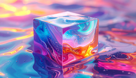 Close-up of an iridescent cube on a rippling liquid surface with swirling pink and blue patterns.の素材