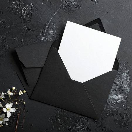 Black envelope with white paper and white flowers on a dark textured background Clear details and vibrant col...の素材
