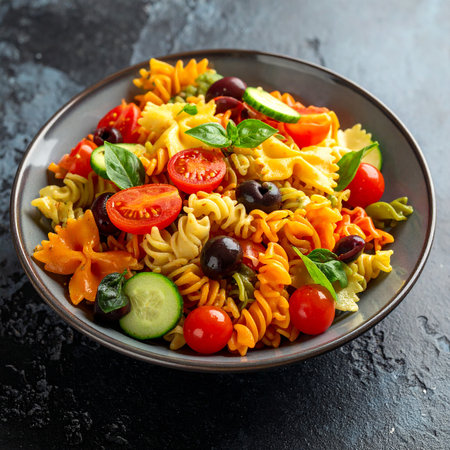 A grey bowl filled with a colorful pasta salad featuring fusilli, farfalle, tomatoes, olives, cucumber, and...の素材