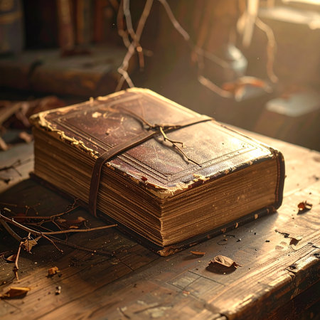 A weathered leather book tied with string sits on a rustic wooden surface with leaves.の素材