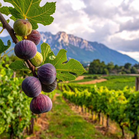 Ripe and unripe figs on a branch with a vineyard and cloudy mountains Clear details and vibrant colors enhanc...の素材