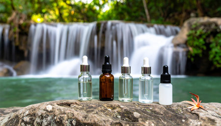Glass dropper bottles and a white bottle are displayed on a rock with a waterfall and green forest.の素材