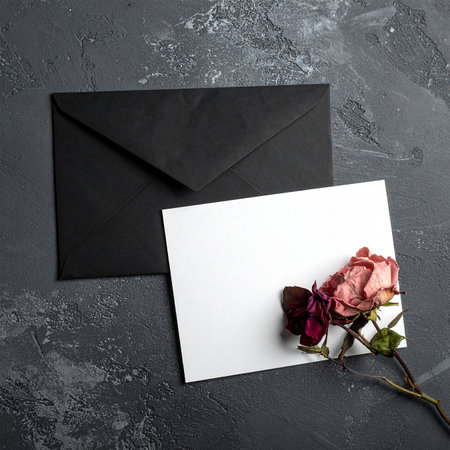 Black envelope with a white card and dried roses on a dark textured background Clear details and vibrant colo...の素材