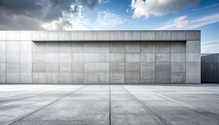 Wide concrete wall and plaza under a cloudy sky with distant buildings. Clear details and vibrant colors enha...の素材