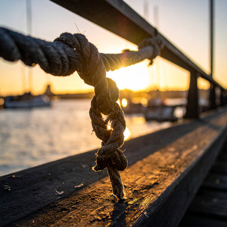 Detailed view of a nautical rope knot on a weathered pier rail with sunset over the harbor.の素材