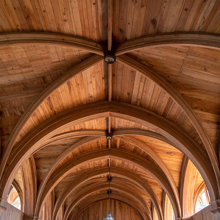 Repeating wooden Gothic arches forming a vaulted ceiling walkway perspective Clear details and vibrant colors...の素材