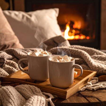 Two steaming mugs of hot chocolate with marshmallows are on a tray near a fireplace and blankets.の素材