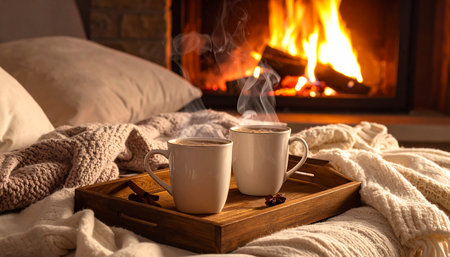 Two steaming mugs of hot chocolate on a wooden tray by a crackling fireplace Clear details and vibrant colors...の素材