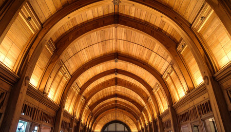 A detailed view of a wooden arched ceiling with warm uplighting Clear details and vibrant colors enhance visu...の素材