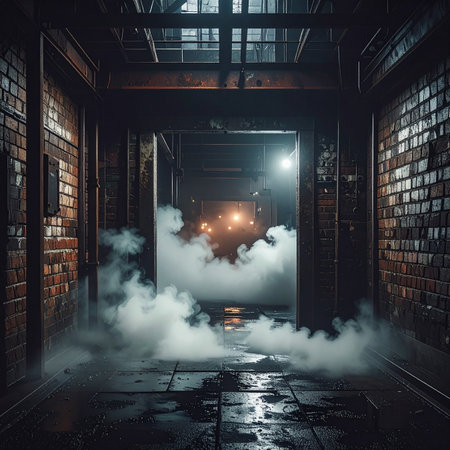 Dark industrial tunnel with smoke and warm lights visible through an open archway.の素材