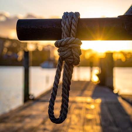 A thick rope is tied in a knot on a wooden pier rail, illuminated by a golden sunset.の素材