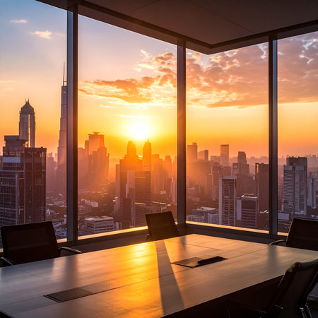 Modern conference room with large windows overlooking a city at sunset, reflecting sunlight on the table.の素材
