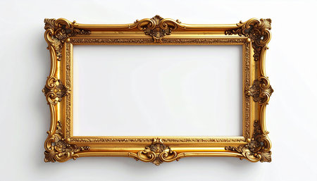 Luxurious antique gold picture frame featuring elaborate scrolling and floral motifs on whiteの素材