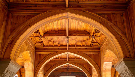 A series of wooden arches with stone pillars and a timber ceiling Clear details and vibrant colors enhance vi...の素材