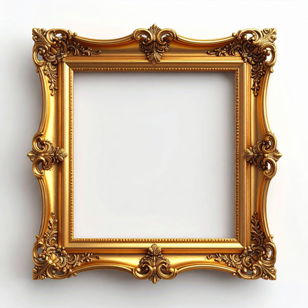 An ornate gold picture frame with intricate scrollwork on a white background. Clear details and vibrant color...の素材