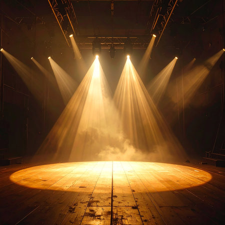 Multiple spotlights create dramatic lighting on an empty wooden theater stage with atmospheric haze.の素材