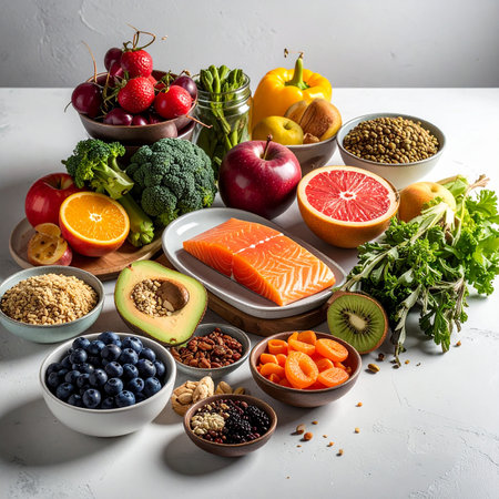 A variety of healthy foods like salmon, fruits, vegetables, nuts, and berries are arranged.の素材
