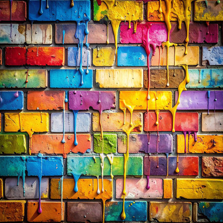 Dripping multicolored paint creates a vibrant abstract pattern on a textured brick wall.の素材
