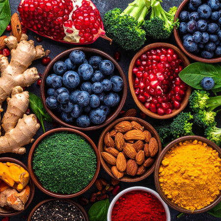 An overhead shot showcases a vibrant assortment of healthy superfoods arranged artfully on a dark surface.の素材