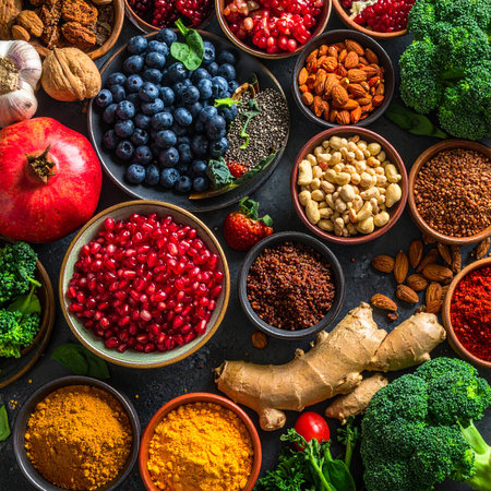 A vibrant flat lay of assorted healthy superfoods and spices on a dark textured surface.の素材