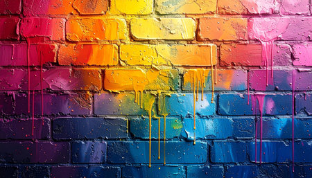 A dark brick wall features a rainbow gradient of paint splashed and dripping down.の素材