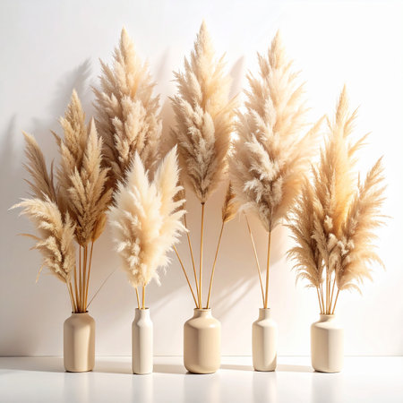 Several bunches of fluffy pampas grass in neutral vases on a white surface. Clear details and vibrant colors ...の素材