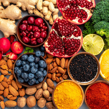 Close-up view of fresh pomegranate, blueberries, nuts, and spices arranged on a dark textured surface.の素材