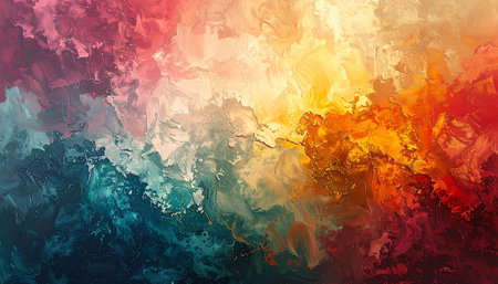 Bold, textured brushstrokes form a vibrant abstract artwork transitioning from warm to cool colors.の素材