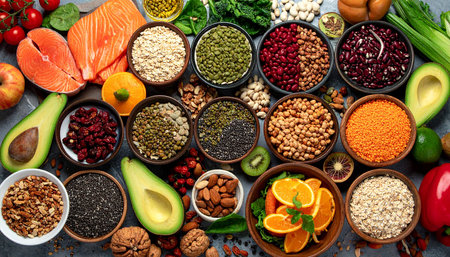 Overhead view of healthy foods featuring salmon, various legumes, nuts, seeds, and fruits.の素材