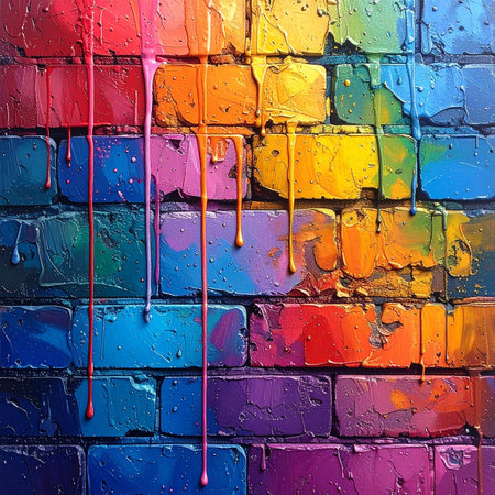 A close-up of a brick wall covered in brightly colored, dripping paint in a rainbow spectrum.の素材
