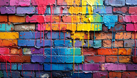 Colorful paint drips down a textured brick wall, creating a vibrant abstract background.の素材