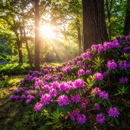 Many purple rhododendron bushes in a sunlit forest with glowing sunbeams filtering through trees.の素材