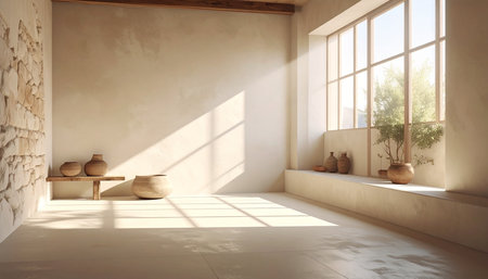 Airy room with large window, stone wall, and minimalist pottery decor. Clear details and vibrant colors enhan...の素材