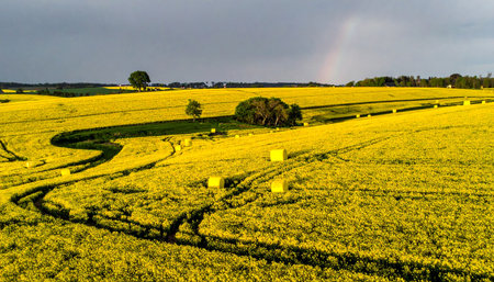 Aerial view of a yellow rapeseed field with hay bales and a faint rainbow in a stormy sky.の素材