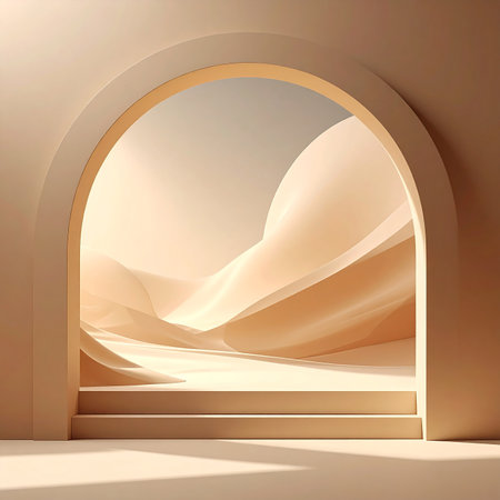 Archway entrance to a dreamlike landscape of soft, flowing sand dunes bathed in warm, gentle light.の素材