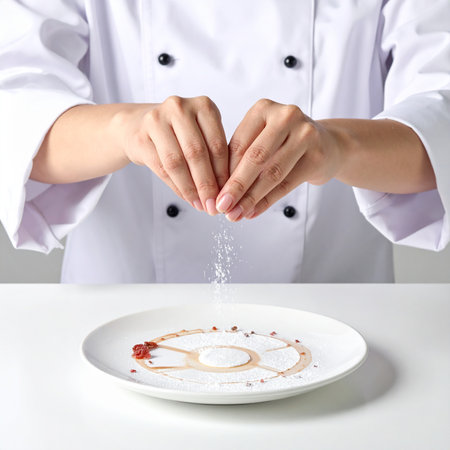Chef's hands sprinkle powdered sugar onto a white plate with sauce drizzle Clear details and vibrant colors e...の素材