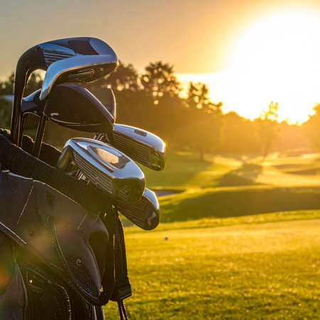 Close-up of golf clubs in a bag on a sunny golf course at dawn with trees. Clear details and vibrant colors e...の素材