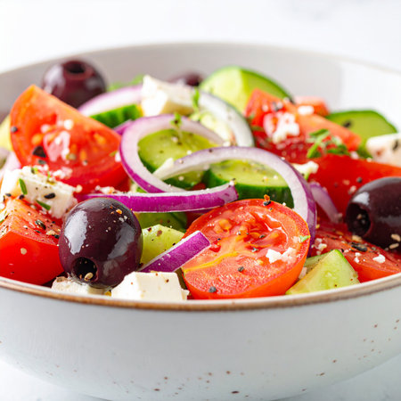 Detailed view of a Greek salad with ripe tomatoes, olives, feta, and red onion. Clear details and vibrant col...の素材