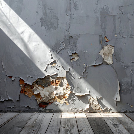 Cracked plaster wall with peeling paint, exposed brick, and a wooden floor. Clear details and vibrant colors ...の素材