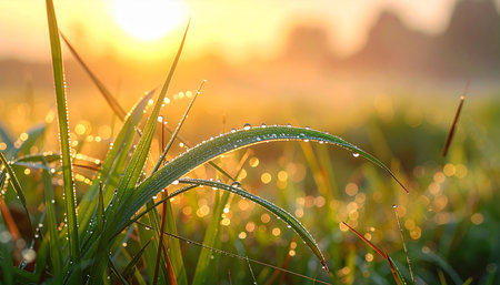 Dewy grass blades are illuminated by the golden light of a soft sunrise. Clear details and vibrant colors enh...の素材