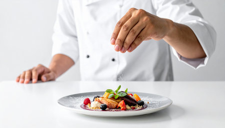 Chef sprinkles powdered sugar onto a colorful fruit dessert with mint leaves Clear details and vibrant colors...の素材