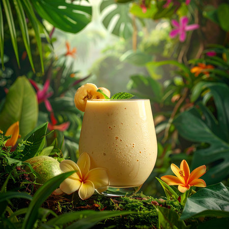 A yellow banana smoothie in a glass is adorned with banana slices and surrounded by tropical flowers and...の素材