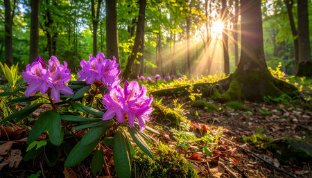 Purple rhododendron flowers in a sunlit forest with dappled light and mossy ground.の素材