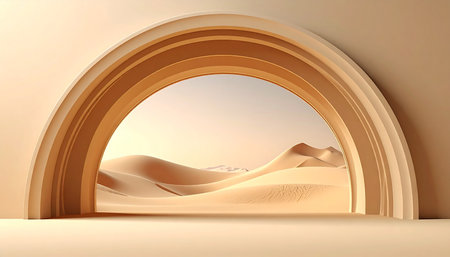 Desert landscape viewed through a large curved archway with soft light and flowing sand dunes.の素材
