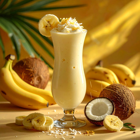 A tall glass of creamy banana coconut smoothie topped with whipped cream and shredded coconut.の素材