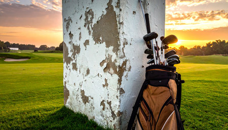 A golf bag with clubs leans against a weathered pillar on a green golf course during sunset.の素材