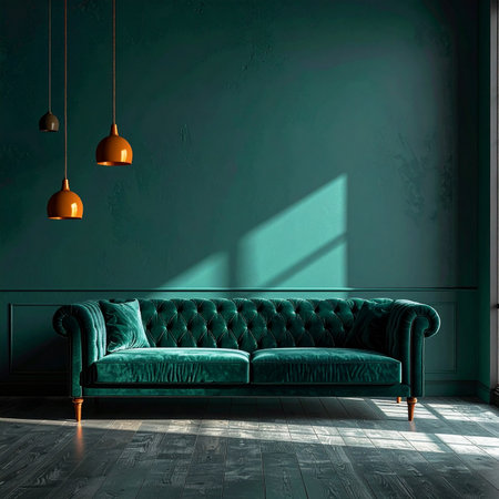 Emerald green tufted sofa with a light blue pillow against a textured teal wall. Clear details and vibrant co...の素材