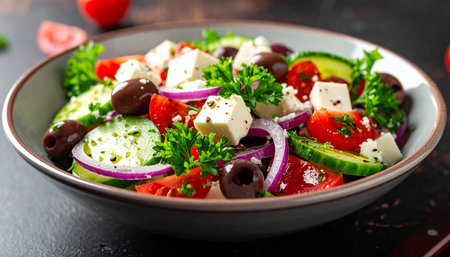 A refreshing Greek salad composed of tomatoes, cucumbers, olives, feta, and parsley.の素材